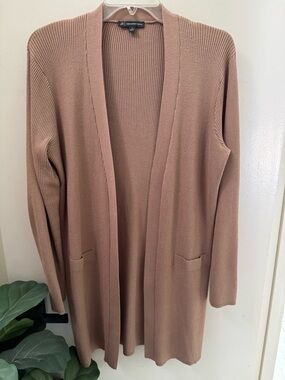 Adrianna Papell Long Open-Front Ribbed Cardigan Tan